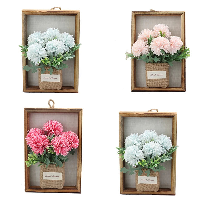 New Flower Display with Wooden Frame Bud Hydrangea 3D Photo Frame Faux Flowers Wall Decor Wall Plant Photo Wood Frame