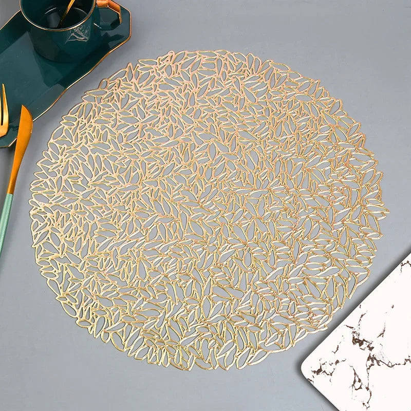 Table Mat Hibiscus Flower Bronzing PVC Placemat Hollow Insulation Coaster Pads Table Bowl Home Christmas Decor Heat Resistant