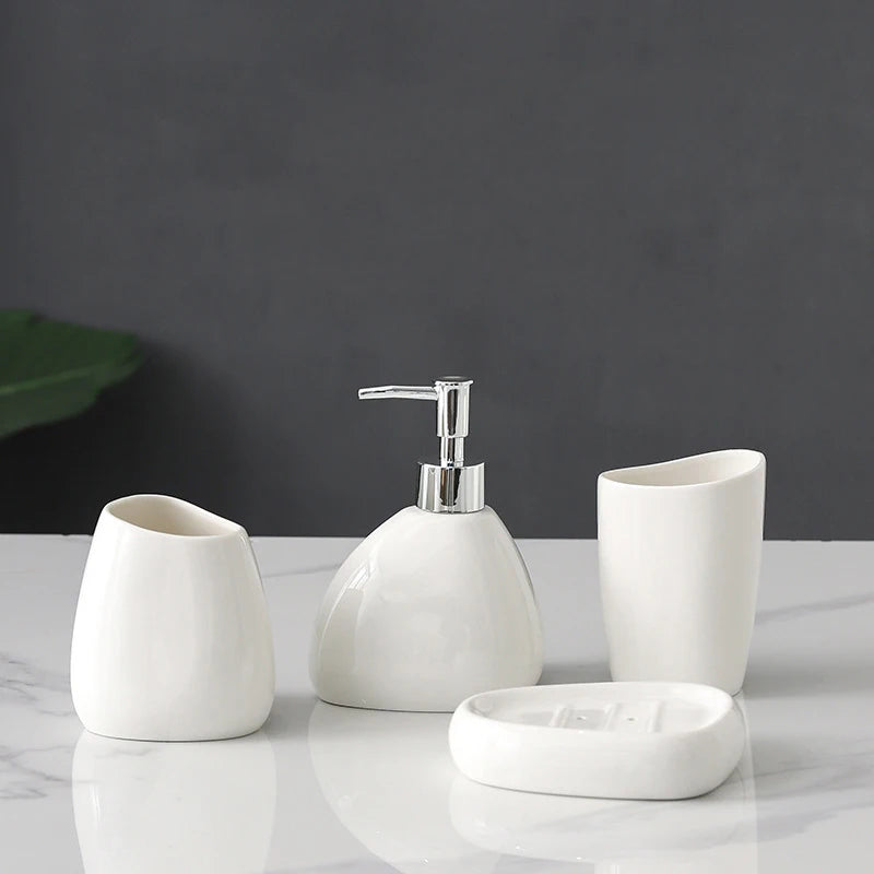 4/5 Pcs Modern Ceramic Bathroom Accessory Set with Pump Dispenser Tumbler Toothbrush Holder and Soap Dish Bathroom Supplies