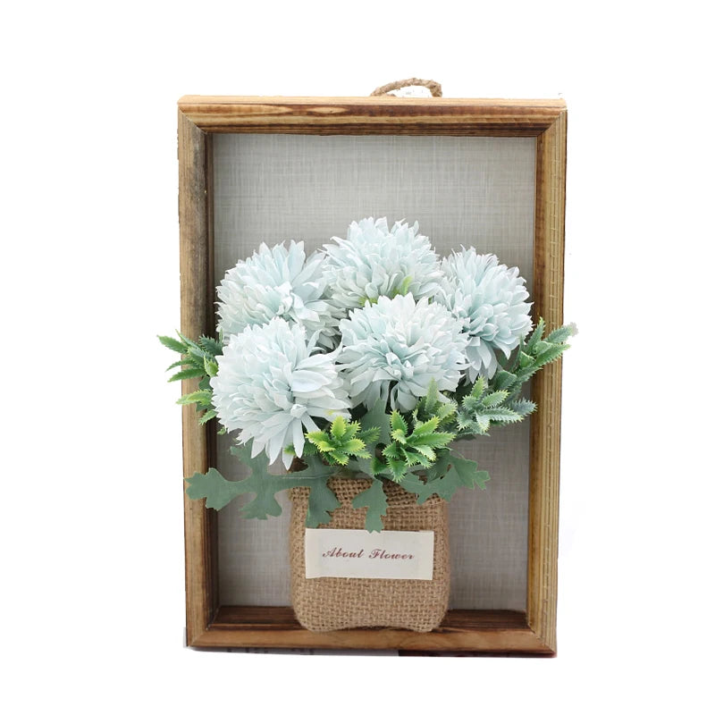 New Flower Display with Wooden Frame Bud Hydrangea 3D Photo Frame Faux Flowers Wall Decor Wall Plant Photo Wood Frame