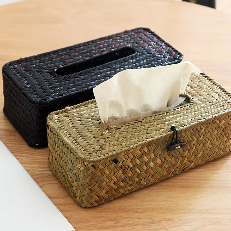 Straw Tissue Box Handmade Woven Rattan Napkin Holder Box Roll Paper Tray Car Living Room Storage Box Home Decor WF