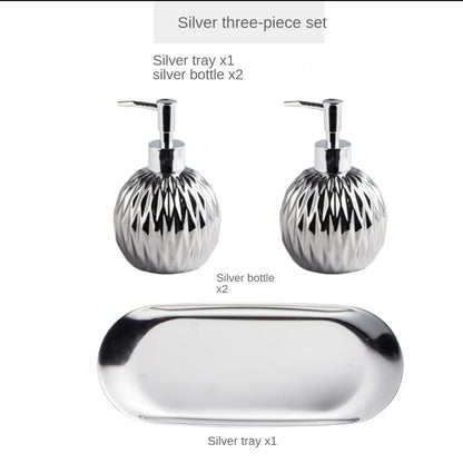 Luxury Gold Soap Dispenser with Press handle  Ceramic Dispenser Silver Dispenser with stainless steel Tray Bathroom Accessory