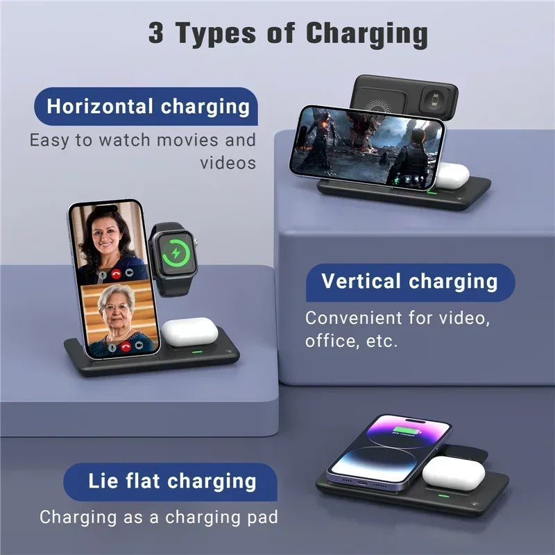 3 In 1 Wireless Charger Pad Stand Phone Holder Bracket Induction Fast Charging Station for iPhone 16 15 14 13 12 iWatch Airpods