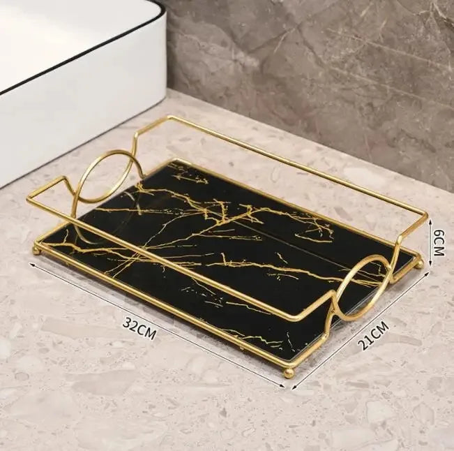 Luxury Gold Plated Rectangular Bathroom Tray Cosmetics Storage Rack Living Room Decor Desktop Sundries Food Storage Serving Tray