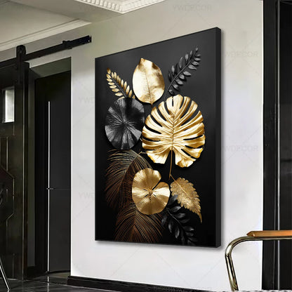 Luxury Black Golden Plant Leaf Art