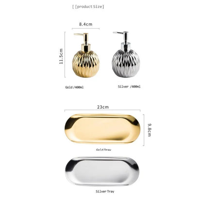 Luxury Gold Soap Dispenser with Press handle  Ceramic Dispenser Silver Dispenser with stainless steel Tray Bathroom Accessory