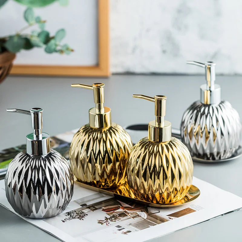 Luxury Gold Soap Dispenser with Press handle  Ceramic Dispenser Silver Dispenser with stainless steel Tray Bathroom Accessory