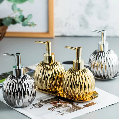 Luxury Gold Soap Dispenser with Press handle  Ceramic Dispenser Silver Dispenser with stainless steel Tray Bathroom Accessory