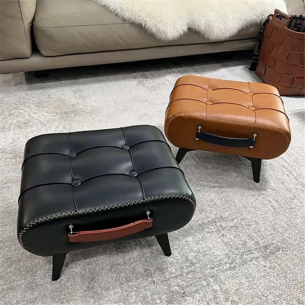 Small Foot Stool Ottoman PU Leather Rectangle Ottoman Footrest Bedside Step Stool with Wood Legs for Desk Living Room Bedroom