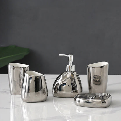 4/5 Pcs Modern Ceramic Bathroom Accessory Set with Pump Dispenser Tumbler Toothbrush Holder and Soap Dish Bathroom Supplies