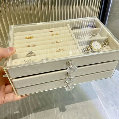 Contemporary Three-Layer Flannelette Jewelry Storage Box with Dust-Proof Drawer and Hook-and-Loop Closure for Earrings