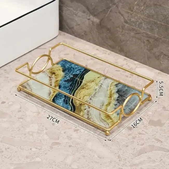 Luxury Gold Plated Rectangular Bathroom Tray Cosmetics Storage Rack Living Room Decor Desktop Sundries Food Storage Serving Tray