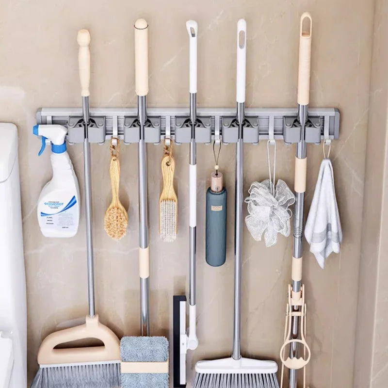 Mop and Broom Organizer Mop Holder Rack Holder Wall Mounted Strong Broom  Holder Self With 5 Hooks Organizers Hang Broom
