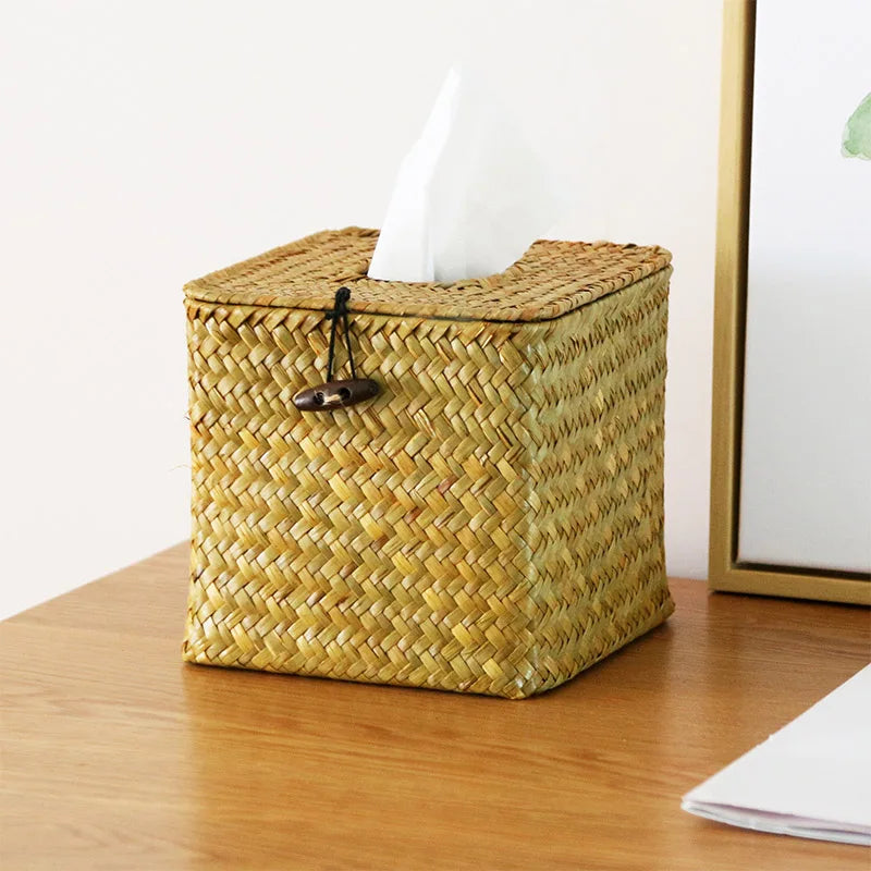 Straw Tissue Box Handmade Woven Rattan Napkin Holder Box Roll Paper Tray Car Living Room Storage Box Home Decor WF